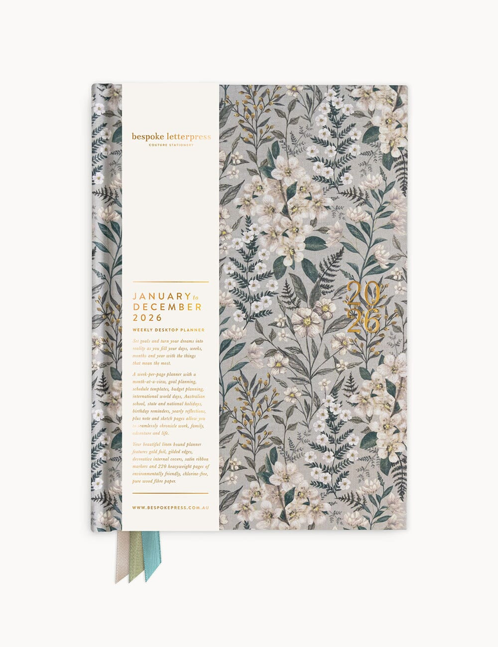 2026 Desktop Linen Bound Planner - Ivory Garden - Pure Apotheca