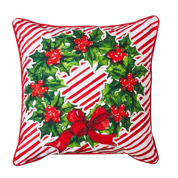 Candy Cane Stripe Holly Wreath Pillow 45x45cm - Pure Apotheca