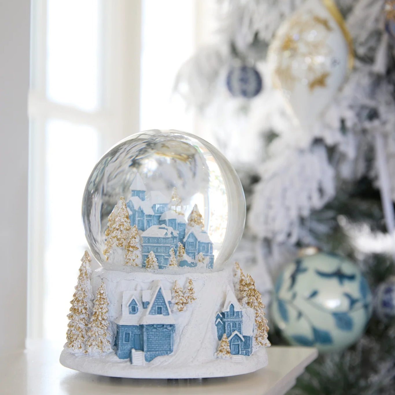 12 CM MUSICAL BLUE AND WHITE VILLAGE SNOW GLOBE - Pure Apotheca
