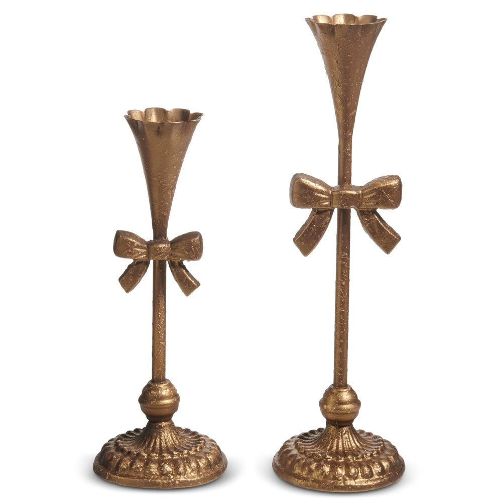 13" Gold Iron Coquette Bow Candlesticks Candle Holders Set/2 - Pure Apotheca
