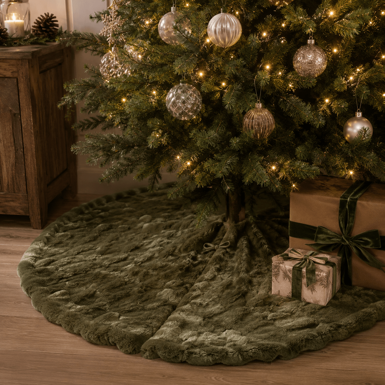 150cm Olive Faux Fur Tree Skirt 150cmD - Pure Apotheca