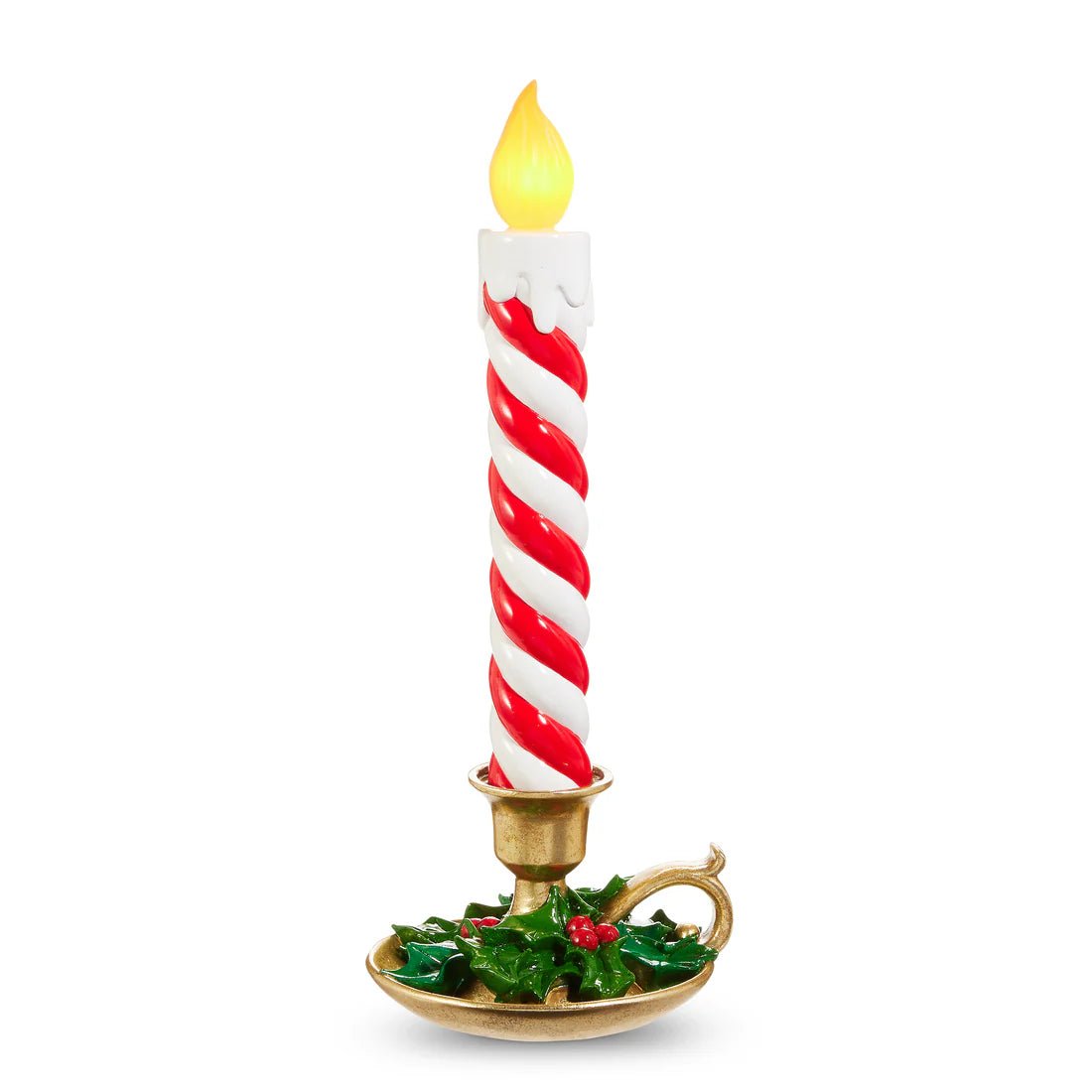 17" Red and White Striped Resin Over - Sized Light - Up Vintage Christmas Candle with Holly, Battery - Operated - Pure Apotheca