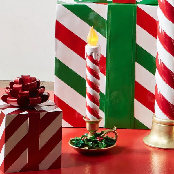 17" Red and White Striped Resin Over - Sized Light - Up Vintage Christmas Candle with Holly, Battery - Operated - Pure Apotheca