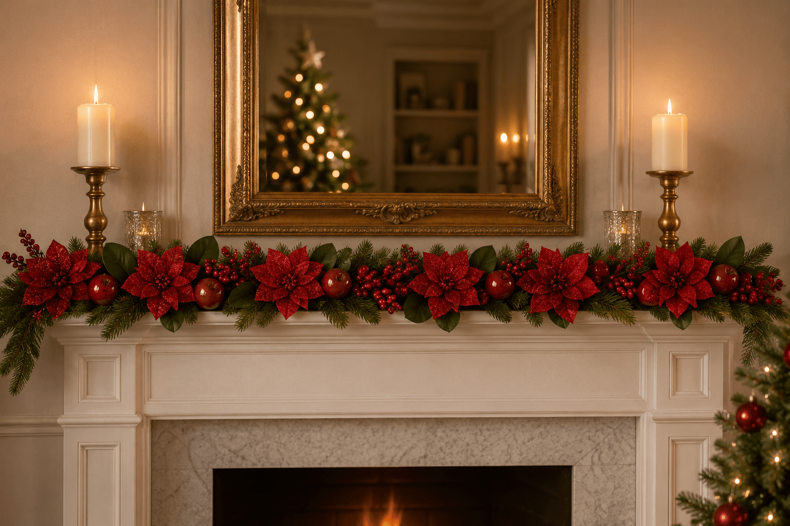 180cm Red Poinsettia & Apple Garland - Pure Apotheca