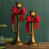 Gold Trumpet Red Bow Candle Holder 20cm