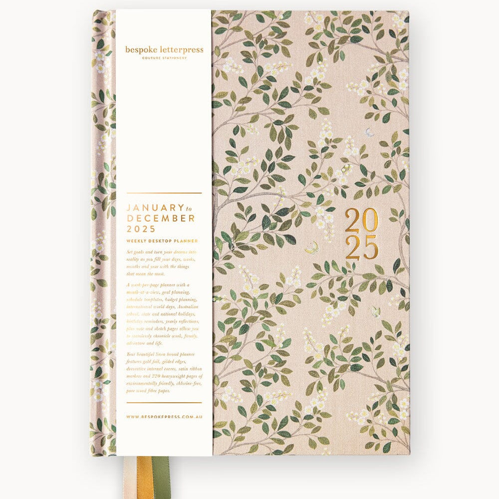 2025 Desktop Linen Bound Planner White Blossoms - Pure Apotheca