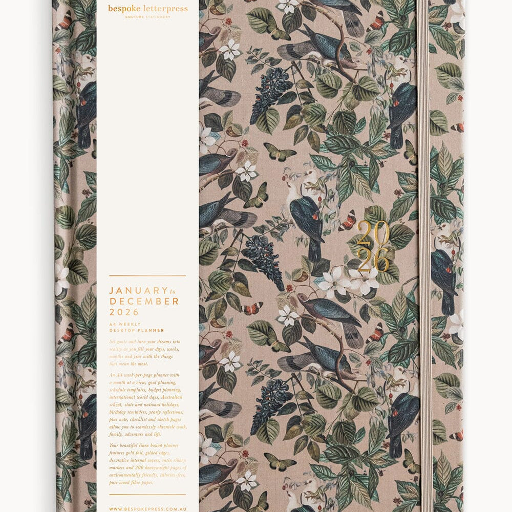 2026 Desktop A4 Linen Bound Planner - Botanical Grove - Pure Apotheca