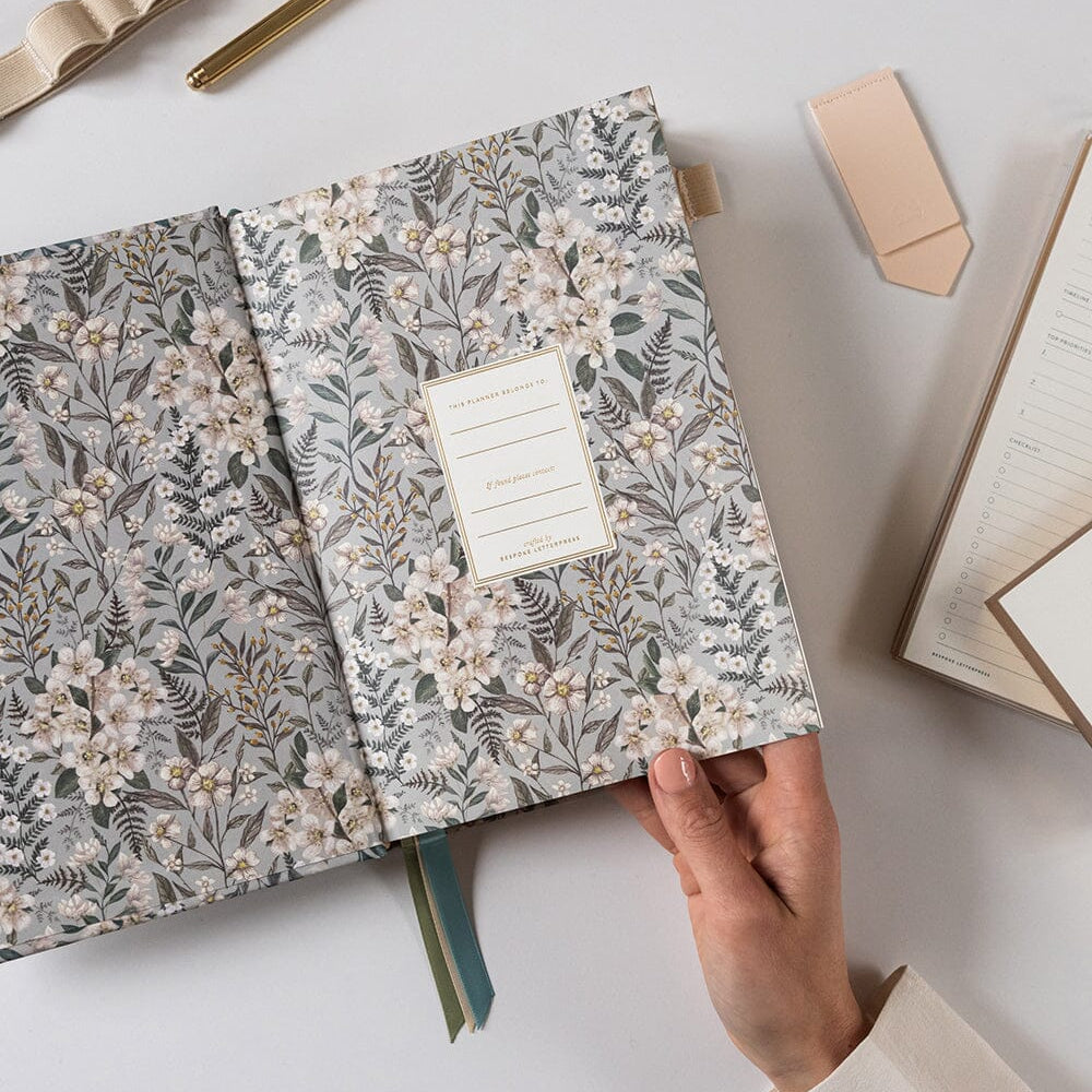 2026 Desktop Linen Bound Planner - Ivory Garden - Pure Apotheca