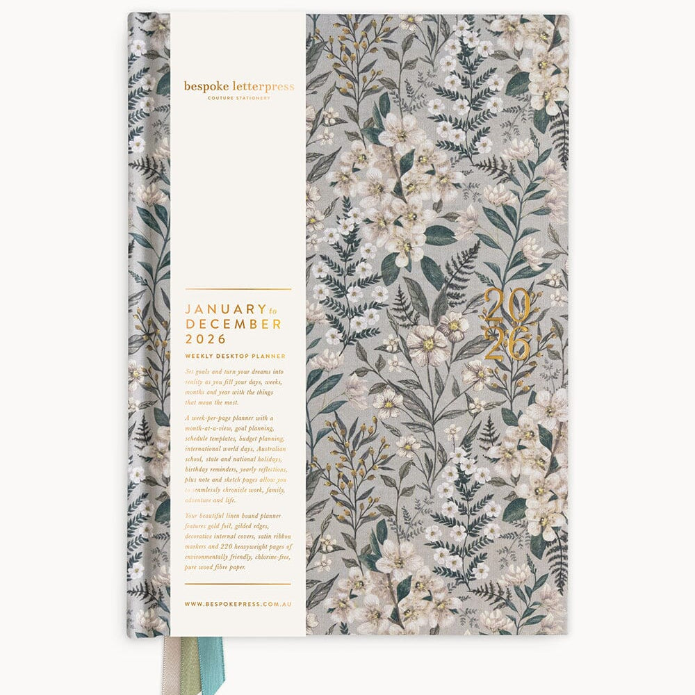 2026 Desktop Linen Bound Planner - Ivory Garden - Pure Apotheca