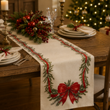 Vintage Red Bow & Pine Table Runner 180x33cm