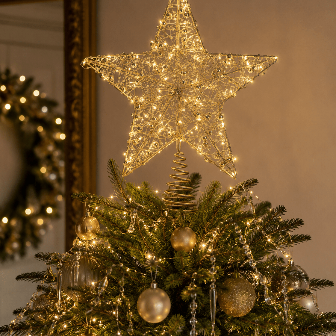 30cm Illuminated Gold Beaded 5 Point Star Tree Topper 15 LED - Pure Apotheca