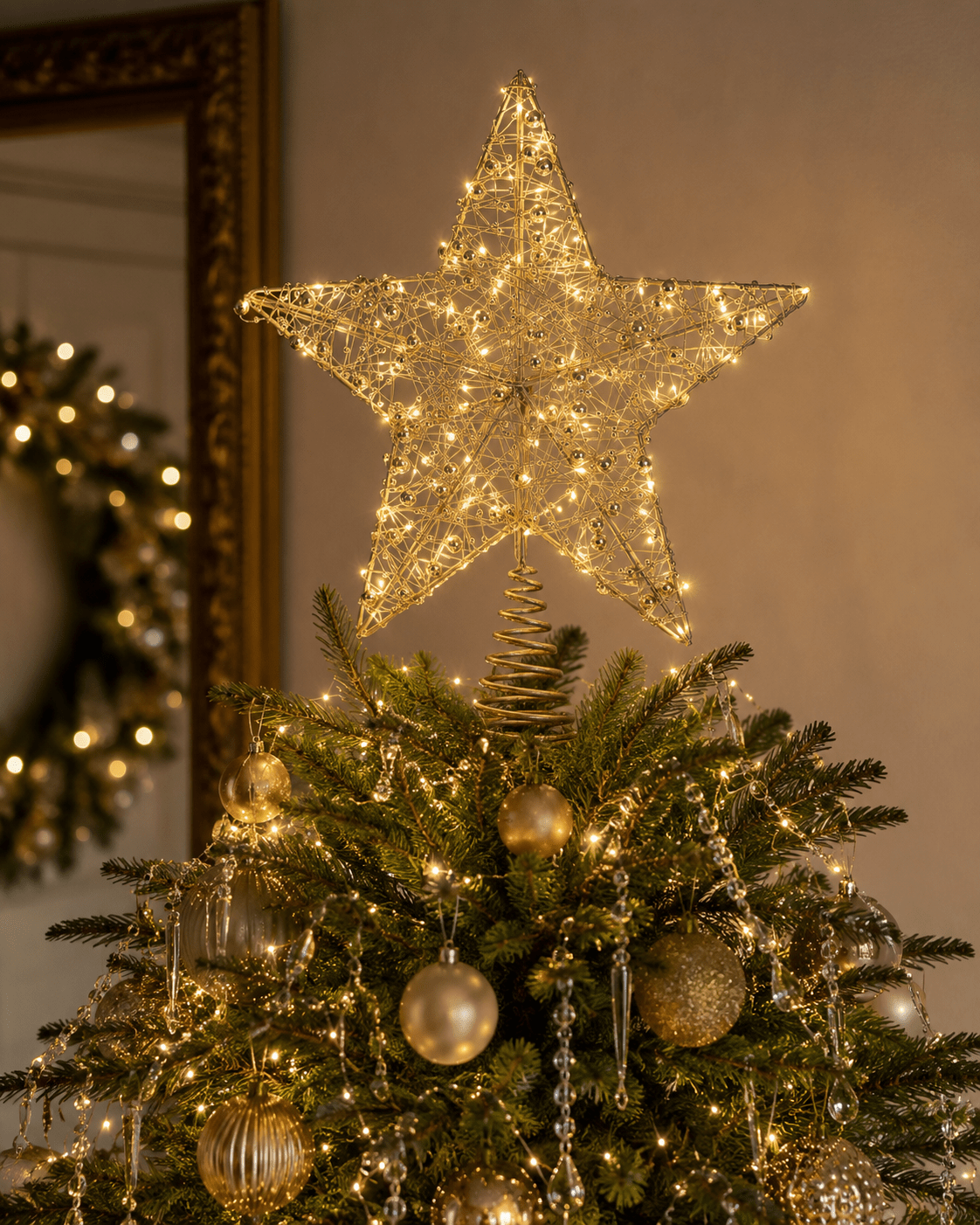 30cm Illuminated Gold Beaded 5 Point Star Tree Topper 15 LED - Pure Apotheca