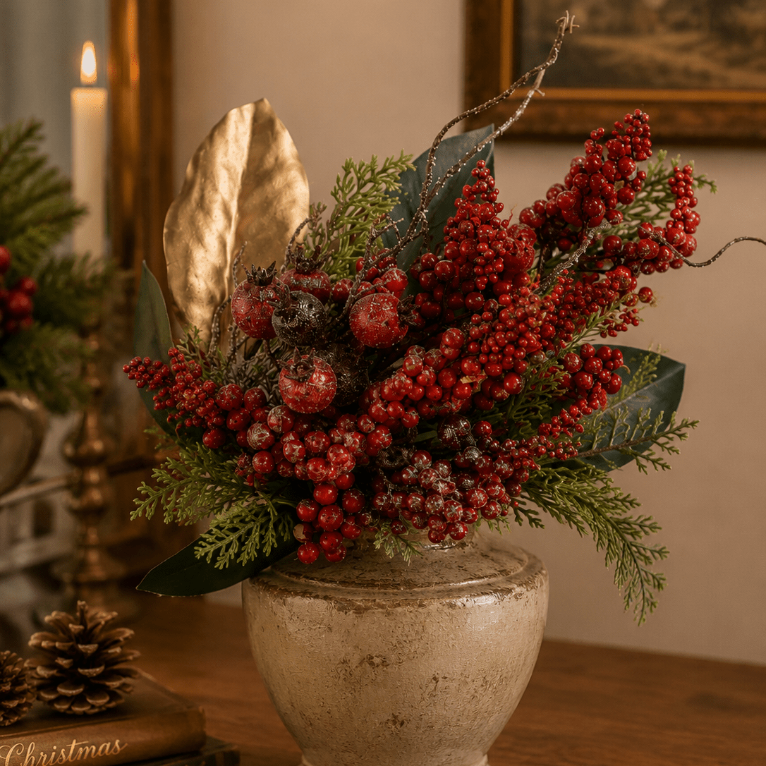 45cm Glittered Red Berry Magnolia Leaf Spray - Pure Apotheca