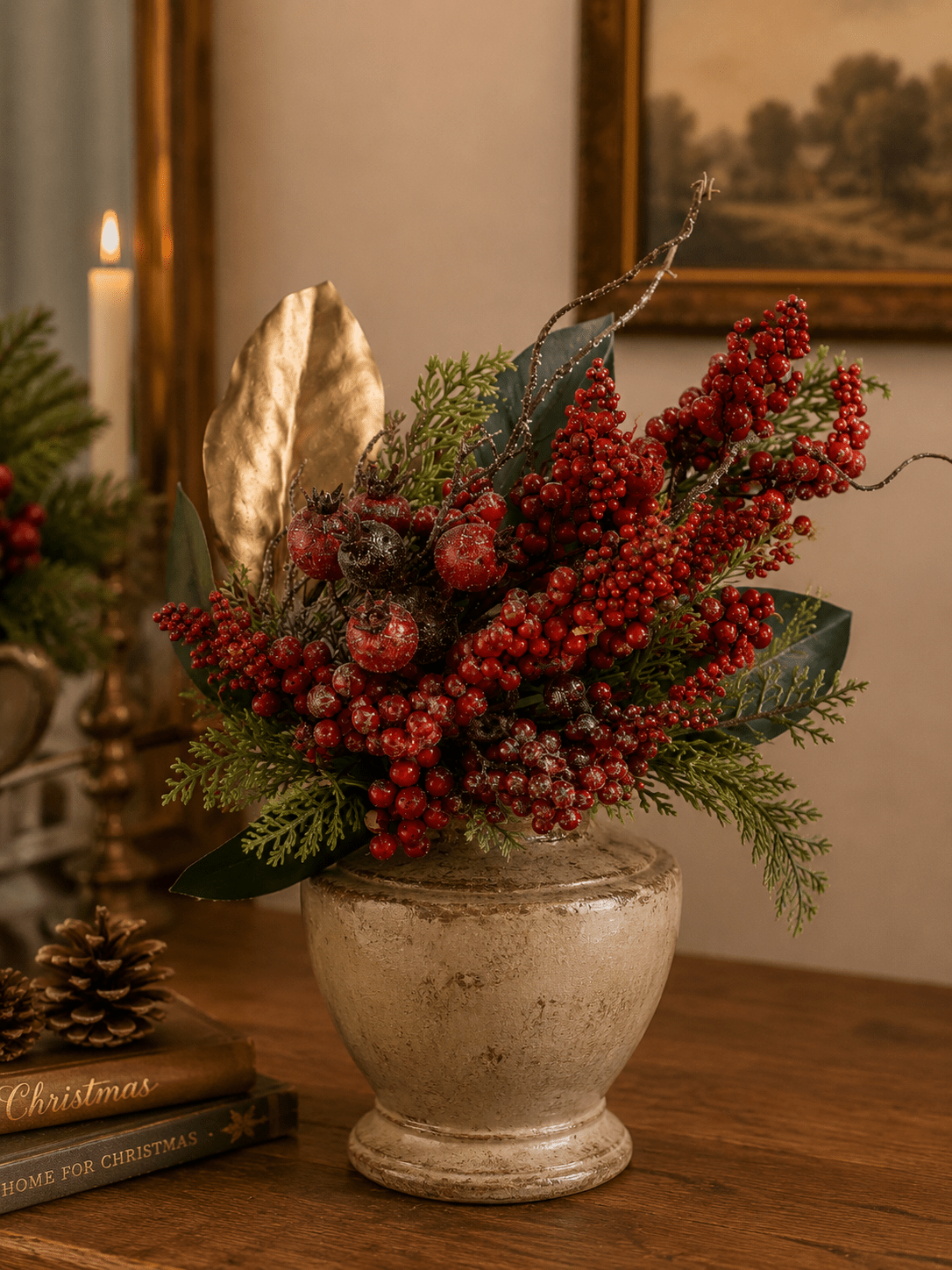 45cm Glittered Red Berry Magnolia Leaf Spray - Pure Apotheca