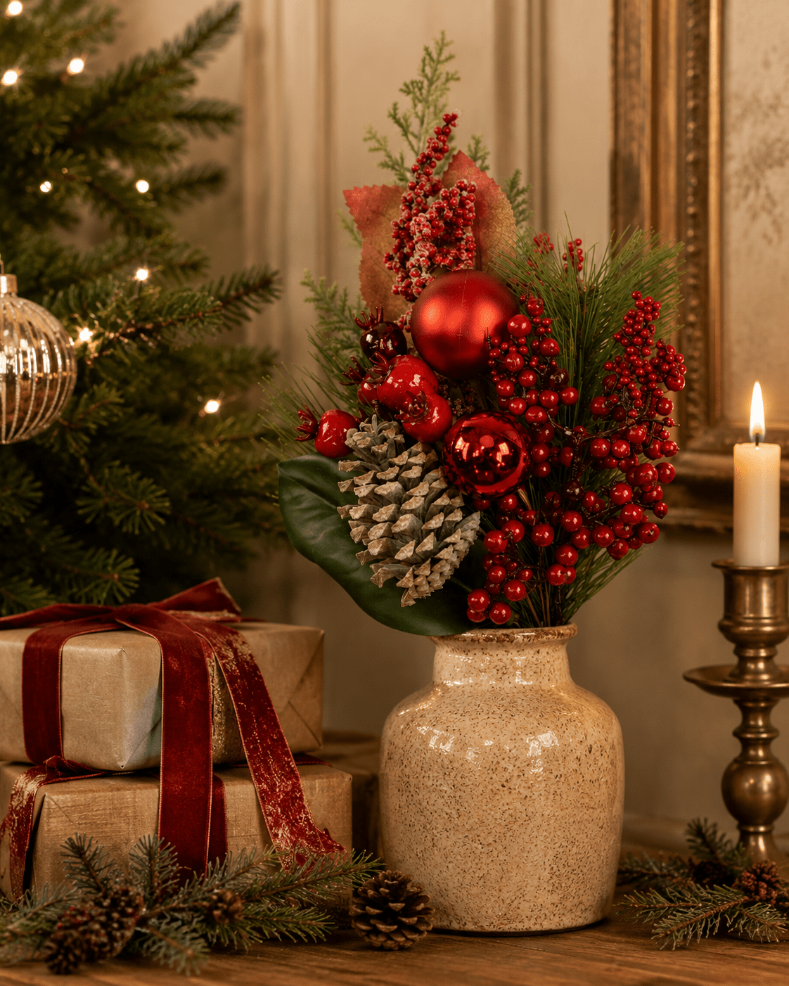 45cm Red Berry Pinecone Bauble Spray - Pure Apotheca