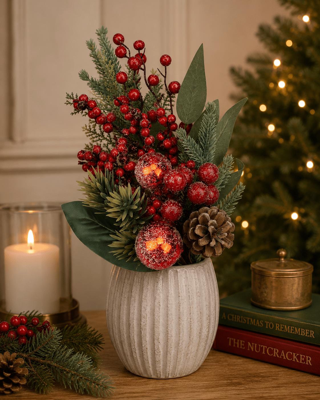 45cm Red Berry Pinecone Iced Bauble Spray - Pure Apotheca