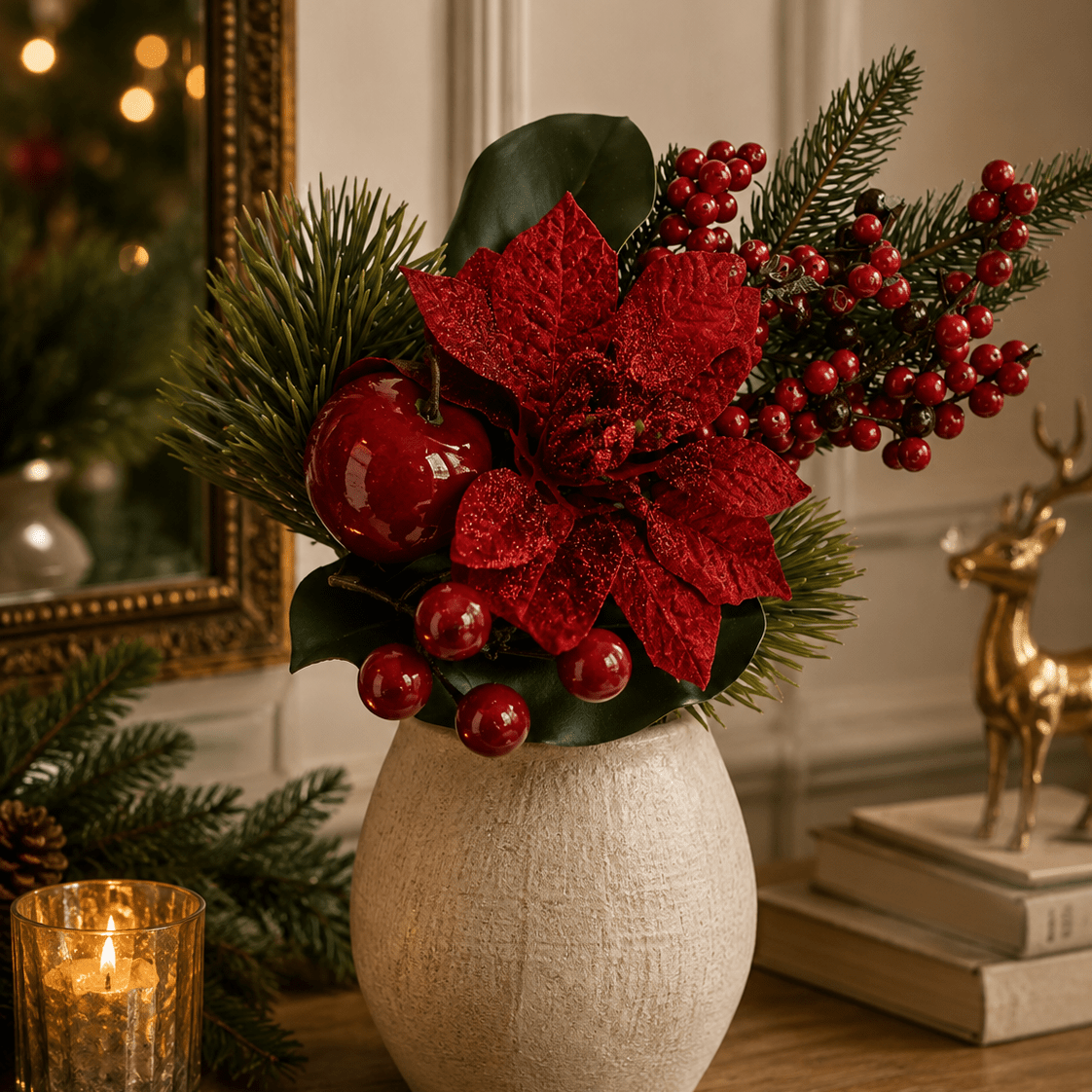 45cm Red Poinsettia & Apple Spray - Pure Apotheca