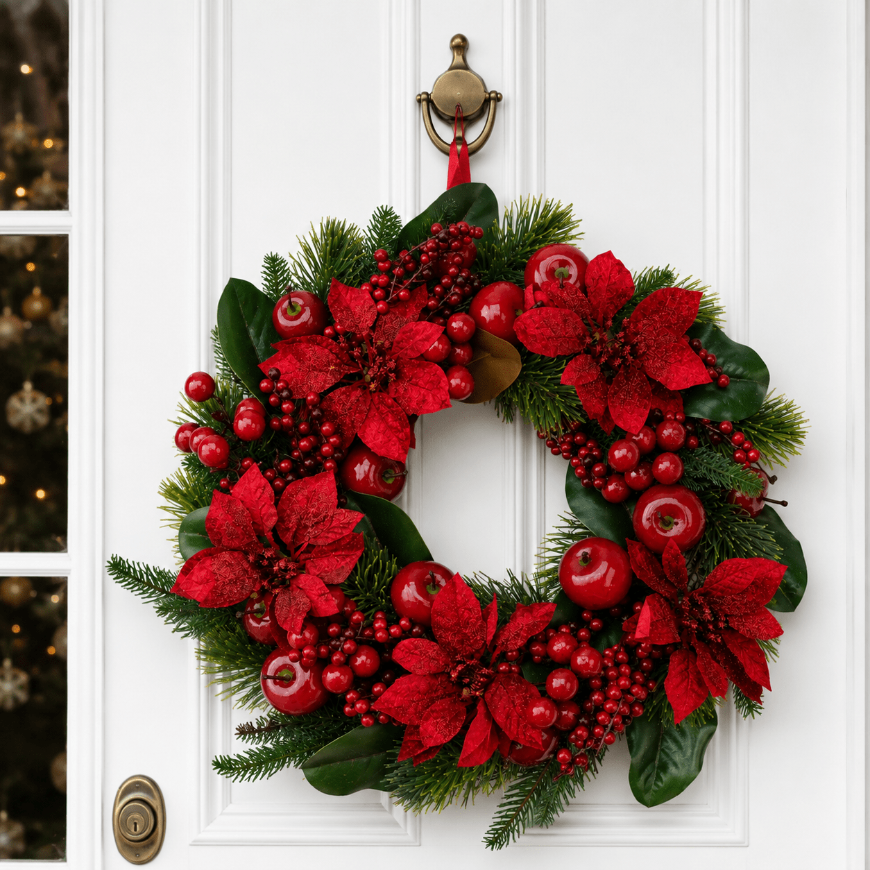55cm Red Poinsettia & Apple Wreath - Pure Apotheca