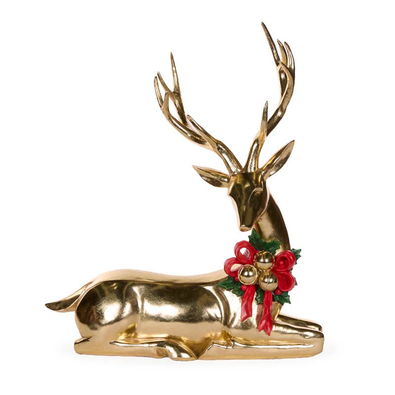57 CM SITTING GOLD REINDEER WITH HOLLY GARLAND - Pure Apotheca