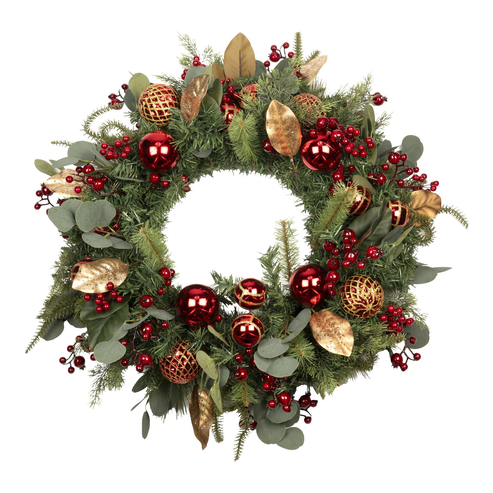 70cm Red Bauble Leaf Wreath - Pure Apotheca