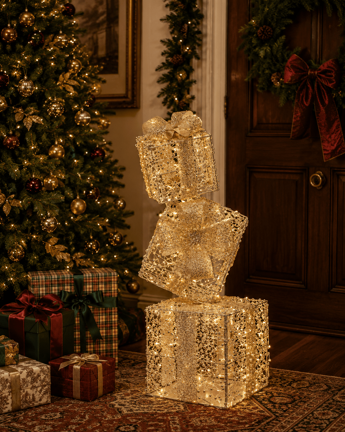75cm Illuminated Gold Beaded Gift Stack 350 LED - Pure Apotheca