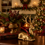 Gold Sitting Red Metal Ribbon Deer 22cm