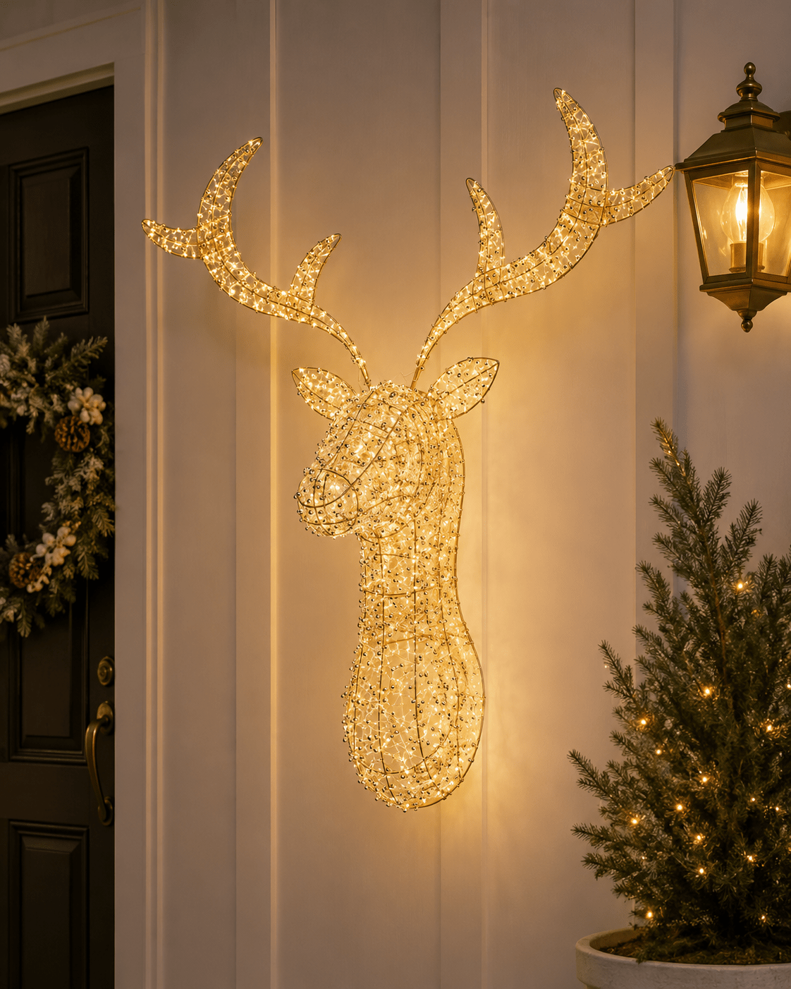 90cm Illuminated Gold Beaded Reindeer Head 600 LED - Pure Apotheca
