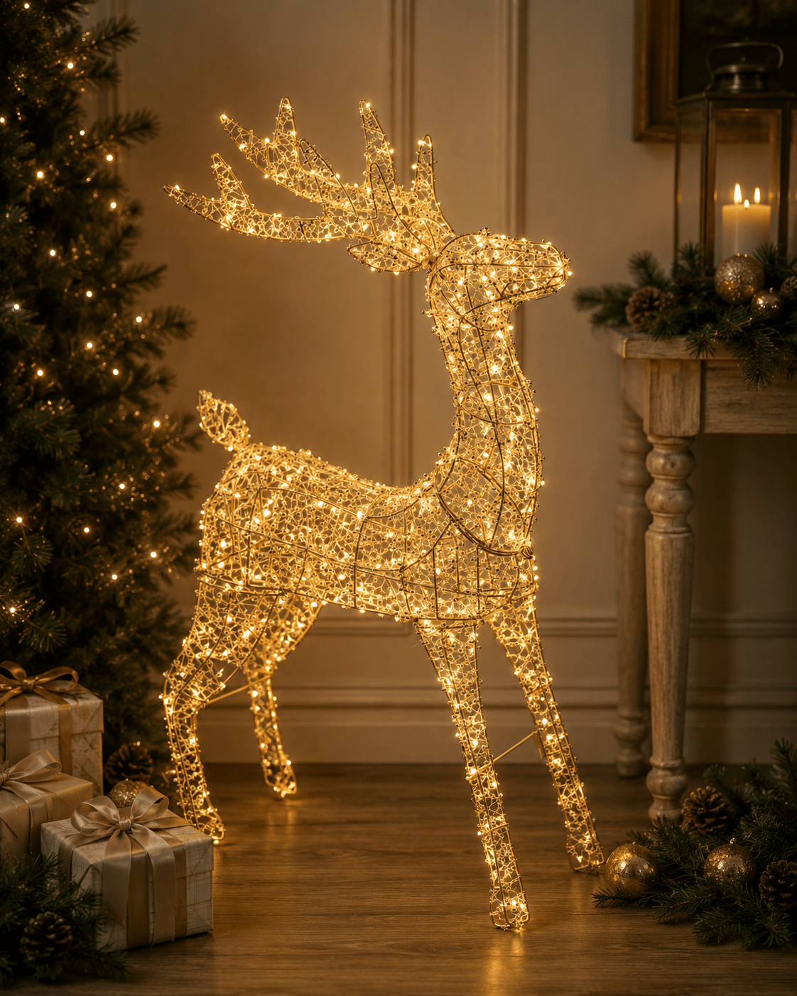 93cm Illuminated Gold Beaded Reindeer 600 LED - Pure Apotheca