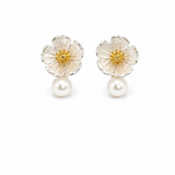 Gold Flower Drop Pearl Studs