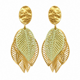 Gold Green Leaf Cluster Earrings
