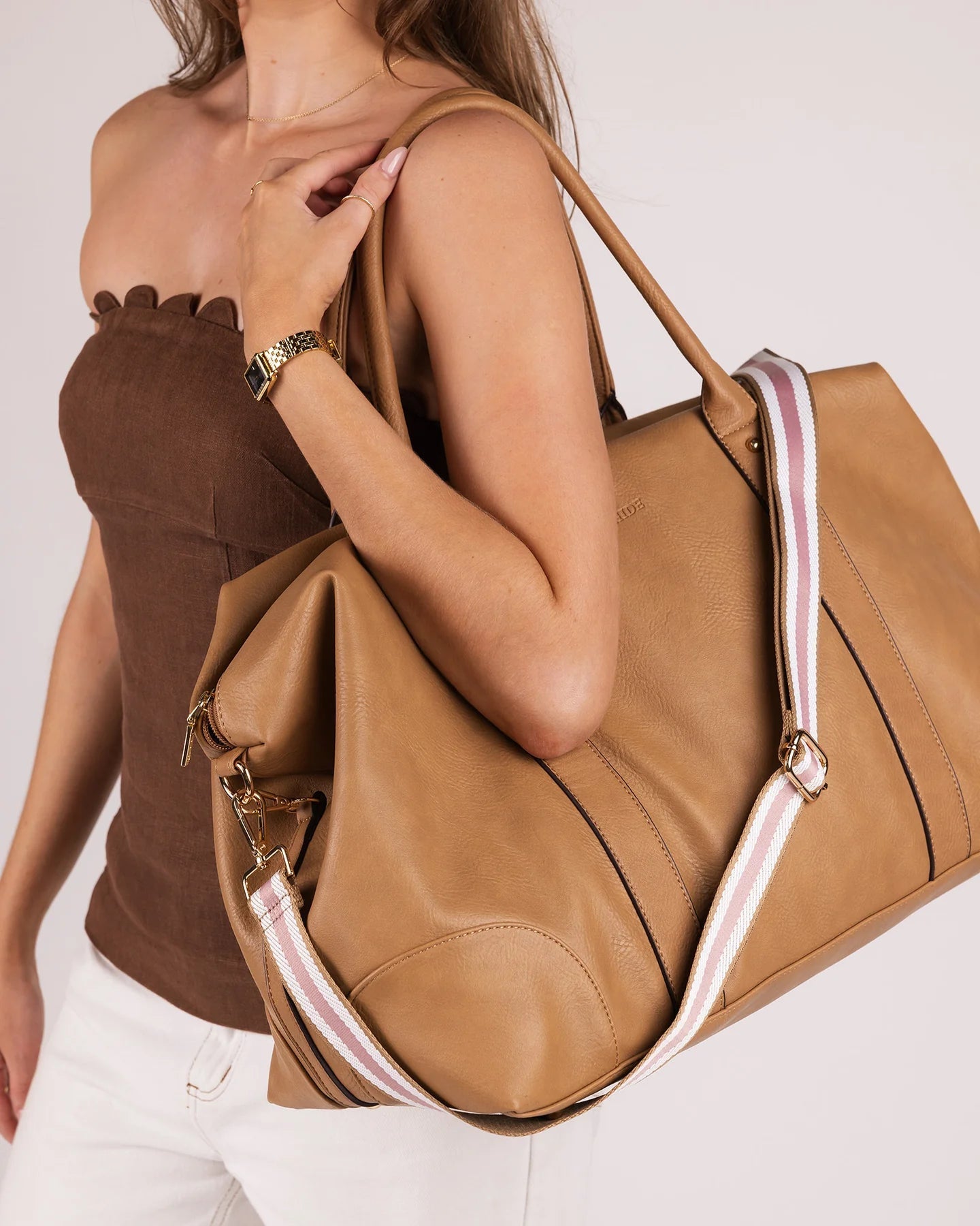 Alexis Stripe Weekender Travel Bag Camel Stripe - Pure Apotheca