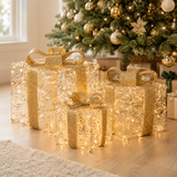 Square Illuminated Gold Beaded Gift Boxes Set of 3 with LED