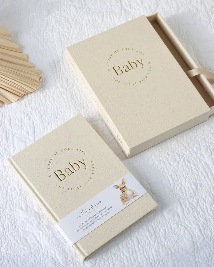 Baby Book with Keepsake Box Oatmeal Linen - Pure Apotheca