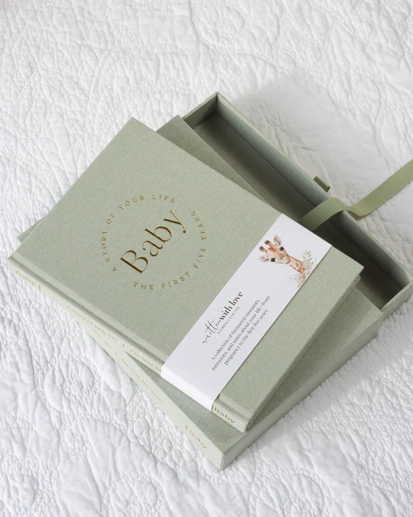 Baby Book with Keepsake Box Sage Green Linen - Pure Apotheca