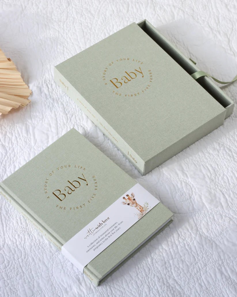 Baby Book with Keepsake Box Sage Green Linen - Pure Apotheca