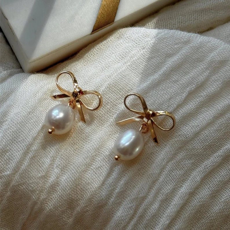 Baby Bow Pearl Gold Stud Earrings - Pure Apotheca