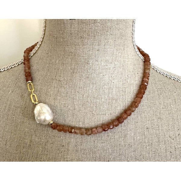 Bonita Sunstone Baroque Pearl Gold Chain Necklace - Pure Apotheca