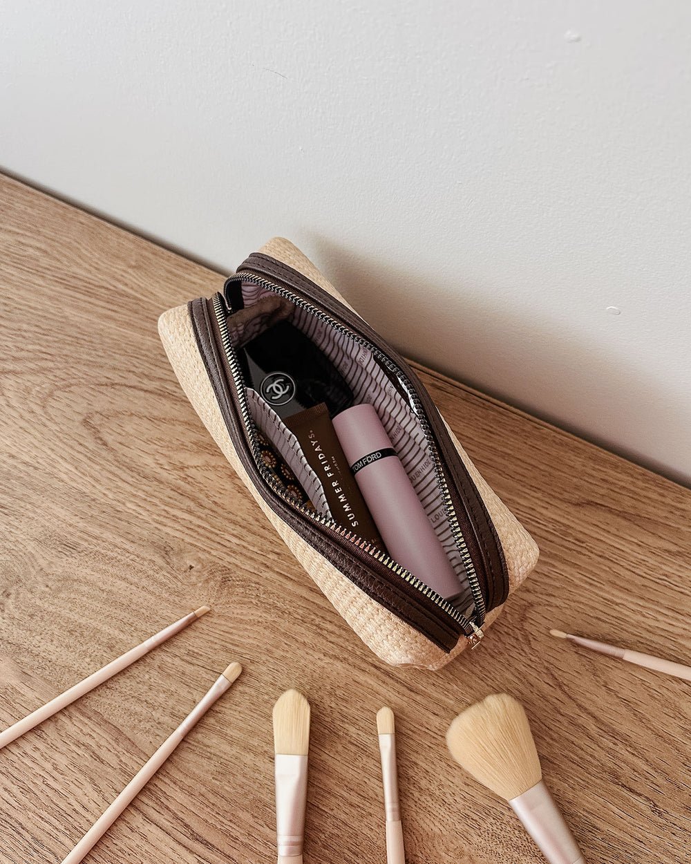 Brianna Makeup Bag with Brushes Natural/Chocolate - Pure Apotheca
