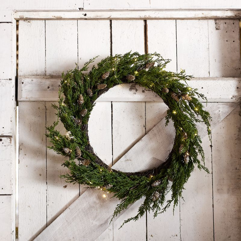 Cedar & Pinecone Wreath with Lights 65cm - Pure Apotheca