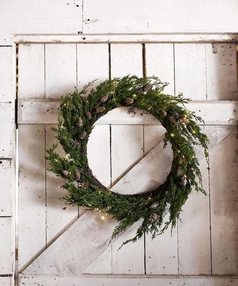 Cedar & Pinecone Wreath with Lights 65cm - Pure Apotheca