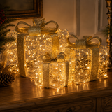 Square Illuminated Gold Beaded Gift Boxes Set of 3 with LED
