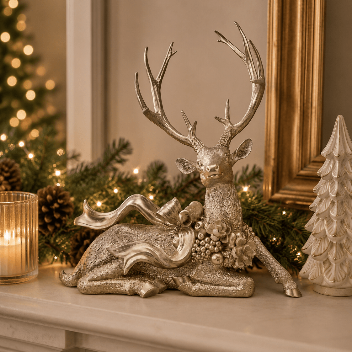 Champagne Sitting Reindeer with Bow 49cm - Pure Apotheca