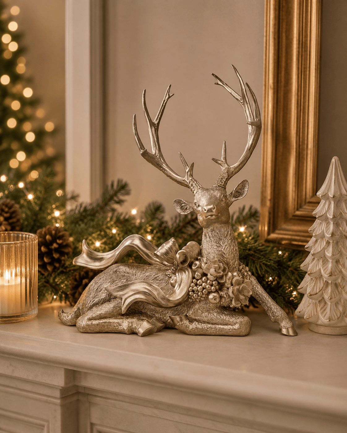 Champagne Sitting Reindeer with Bow 49cm - Pure Apotheca