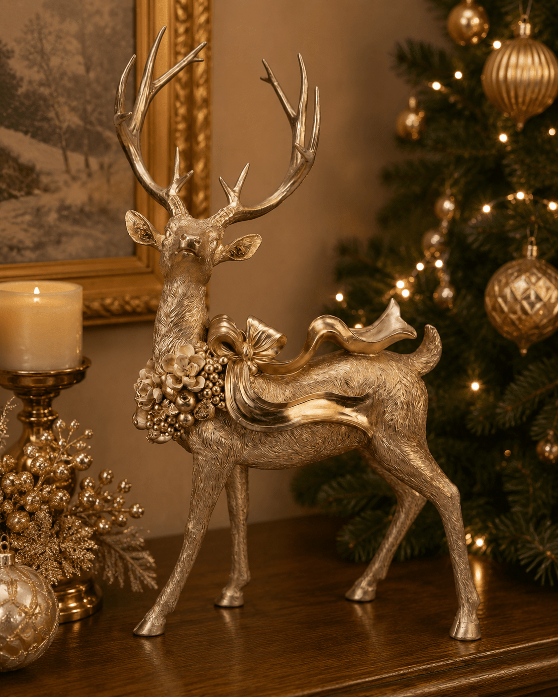 Champagne Standing Reindeer with Bow 70cm - Pure Apotheca