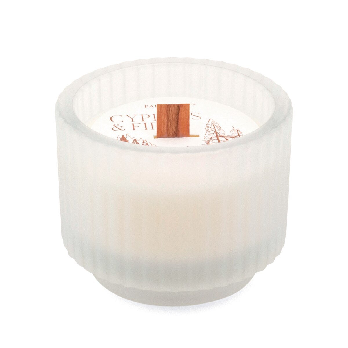 Cypress & Fir Holiday Frosted White Footed Ribbed Glass Wood Wick Candle 141g - Pure Apotheca