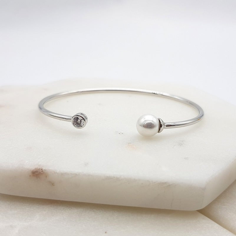 CZ/Pearl Open Bangle Silver - Pure Apotheca