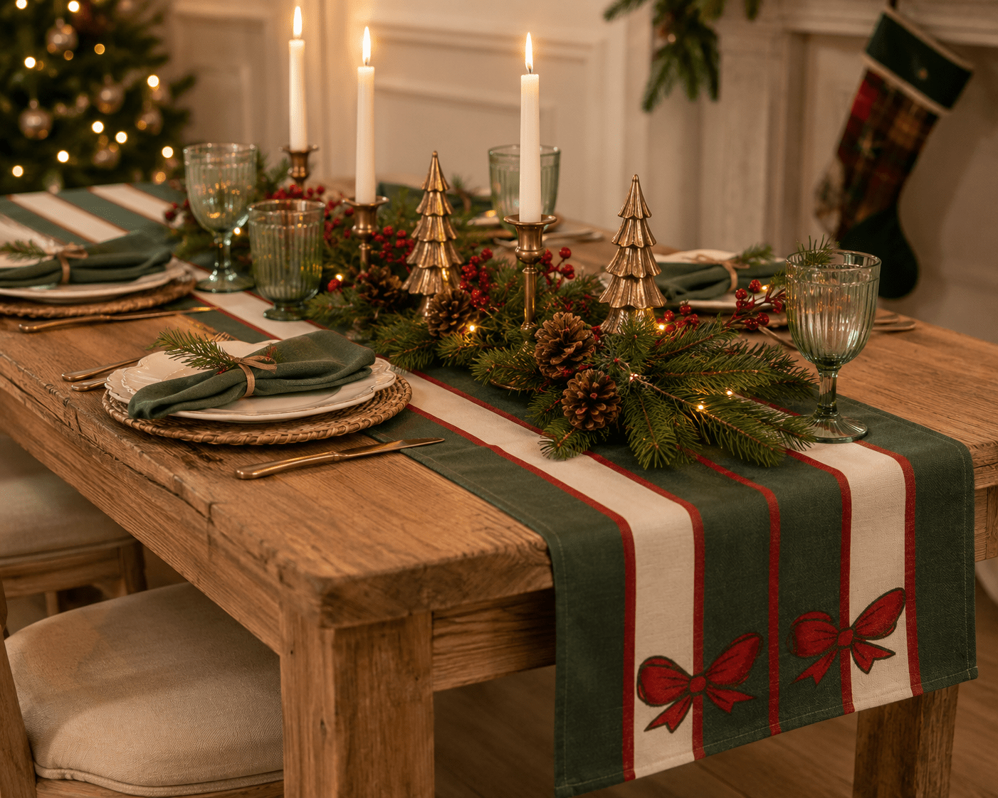 Deluxe Red Bow Striped Table Runner 180x33cm - Pure Apotheca