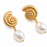 Gold Shell Studs Pearl Drop Earrings