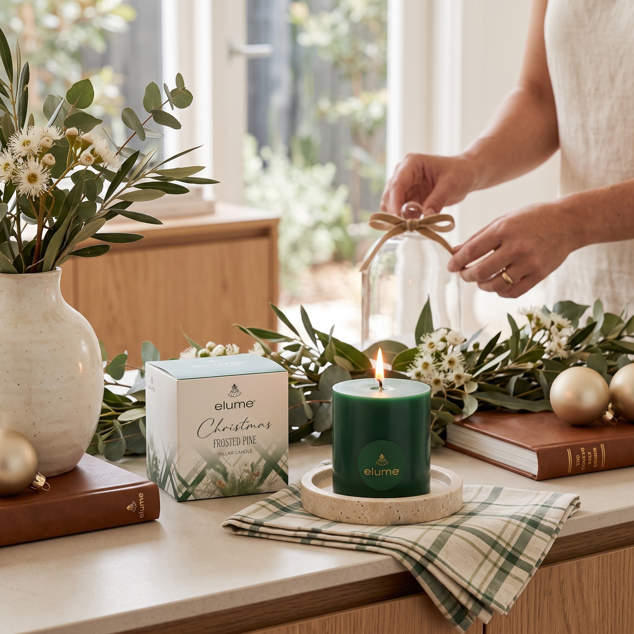 Elume Christmas Frosted Pine Pillar Candle 3x3” - Pure Apotheca
