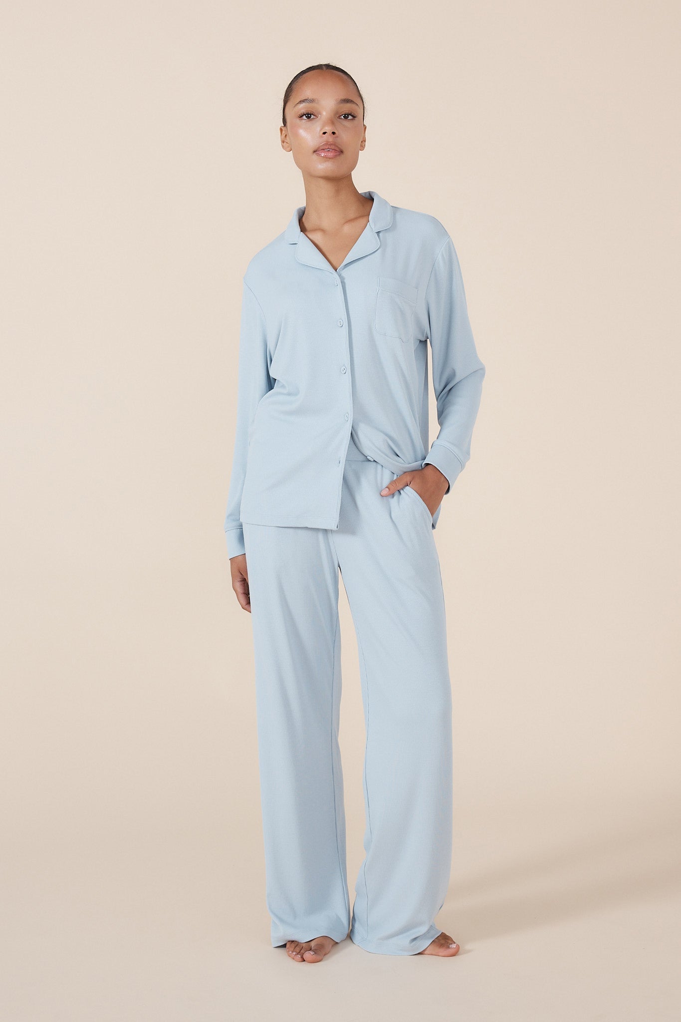 Emilia Ribbed Lounge PJ Set Powder Blue - Pure Apotheca